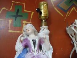 Antique German Art Deco Porcelain Figurine Table Lamps Couple #14699/#14698