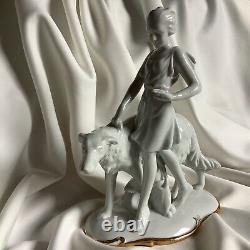 Antique German Art Deco Porcelain Lady Girl Dog Borzoi Animal Greyhound Figure