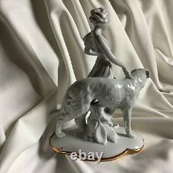 Antique German Art Deco Porcelain Lady Girl Dog Borzoi Animal Greyhound Figure