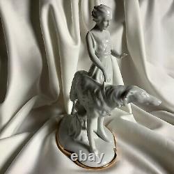 Antique German Art Deco Porcelain Lady Girl Dog Borzoi Animal Greyhound Figure