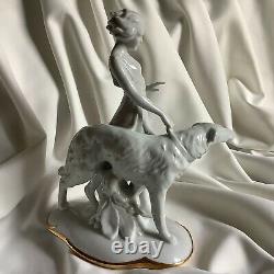 Antique German Art Deco Porcelain Lady Girl Dog Borzoi Animal Greyhound Figure