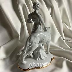 Antique German Art Deco Porcelain Lady Girl Dog Borzoi Animal Greyhound Figure