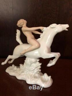 Antique German Art Deco Schaubach Kunst Porcelain Figurine Of Nude On Horseback