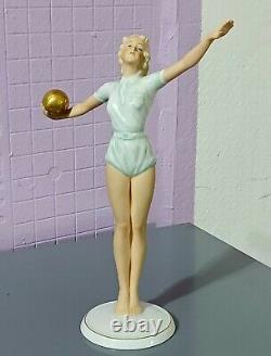 Antique German Art Deco Schaubach Kunts Porcelain Figurine, Golden Ball, 9.5 H