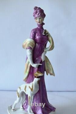 Antique German Bisque Porcelain Figurine Lady With Dog Whippet Greyhound Rare'K1