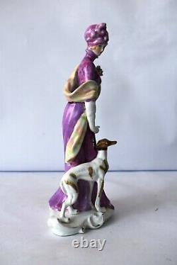 Antique German Bisque Porcelain Figurine Lady With Dog Whippet Greyhound Rare'K1