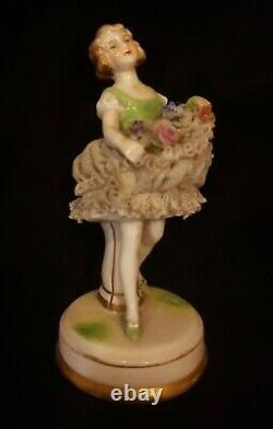 Antique German Dresden Lace Art Deco Girl Flapper Dancer Porcelain Figurine