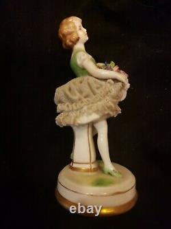 Antique German Dresden Lace Art Deco Girl Flapper Dancer Porcelain Figurine