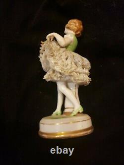 Antique German Dresden Lace Art Deco Girl Flapper Dancer Porcelain Figurine