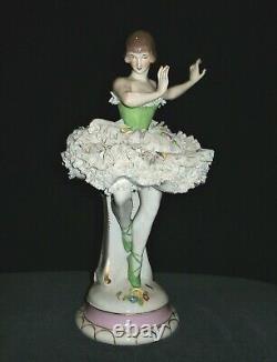 Antique German Dresden Lace Art Deco Lady Ballerina Dancer Porcelain Figurine