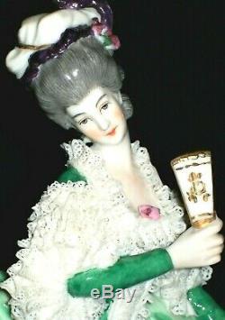 Antique German Dresden Lace Art Deco Lady Dancer With Fan Lg Porcelain Figurine