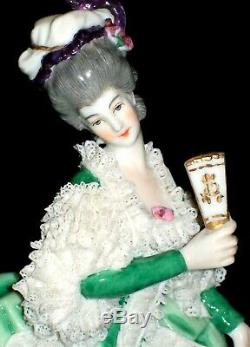 Antique German Dresden Lace Art Deco Lady Dancer With Fan Lg Porcelain Figurine