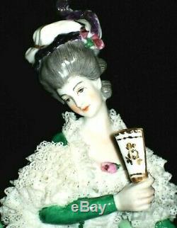 Antique German Dresden Lace Art Deco Lady Dancer With Fan Lg Porcelain Figurine