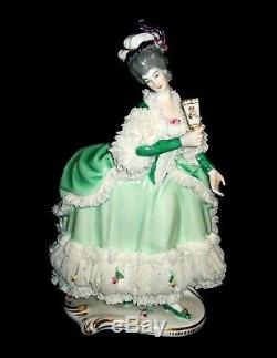 Antique German Dresden Lace Art Deco Lady Dancer With Fan Lg Porcelain Figurine