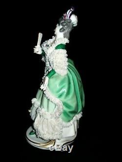 Antique German Dresden Lace Art Deco Lady Dancer With Fan Lg Porcelain Figurine