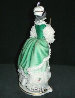 Antique German Dresden Lace Art Deco Lady Dancer With Fan Lg Porcelain Figurine