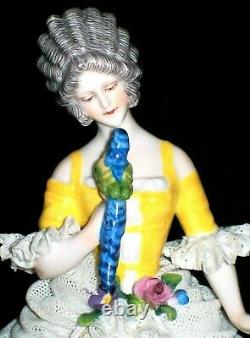 Antique German Dresden Lace Art Deco Lady Doll With Parrot Porcelain Figurine