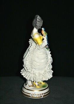 Antique German Dresden Lace Art Deco Lady Doll With Parrot Porcelain Figurine