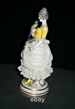 Antique German Dresden Lace Art Deco Lady Doll With Parrot Porcelain Figurine