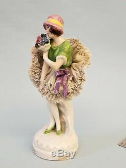 Antique German Dresden Lace Art Deco Lady Flapper Dancer Porcelain Figurine