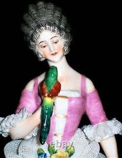 Antique German Dresden Lace Art Deco Lady Queen Doll & Parrot Porcelain Figurine