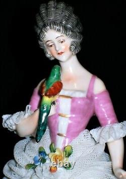 Antique German Dresden Lace Art Deco Lady Queen Doll & Parrot Porcelain Figurine