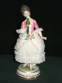 Antique German Dresden Lace Art Deco Lady Queen Doll & Parrot Porcelain Figurine