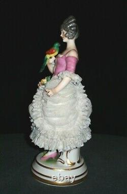 Antique German Dresden Lace Art Deco Lady Queen Doll & Parrot Porcelain Figurine