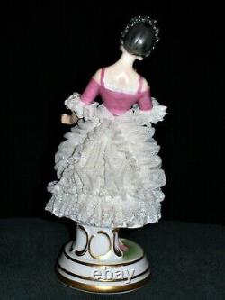 Antique German Dresden Lace Art Deco Lady Queen Doll & Parrot Porcelain Figurine