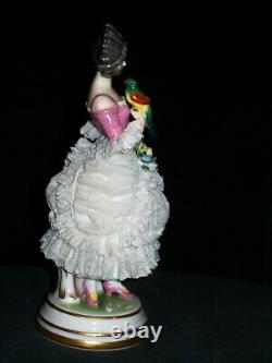 Antique German Dresden Lace Art Deco Lady Queen Doll & Parrot Porcelain Figurine