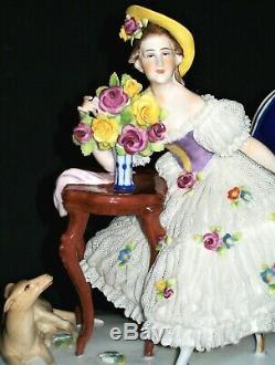 Antique German Dresden Lace Muller Deco Lady & Whippet Dog Porcelain Figurine