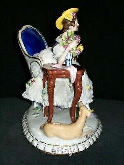 Antique German Dresden Lace Muller Deco Lady & Whippet Dog Porcelain Figurine