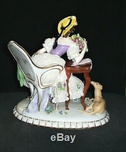 Antique German Dresden Lace Muller Deco Lady & Whippet Dog Porcelain Figurine