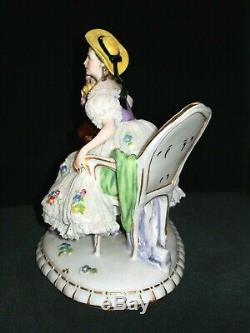 Antique German Dresden Lace Muller Deco Lady & Whippet Dog Porcelain Figurine