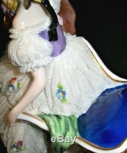 Antique German Dresden Lace Muller Deco Lady & Whippet Dog Porcelain Figurine