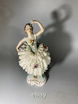 Antique German Hus Lace Porcelain Figurine Ballerina Dancer, 6 1/2 high