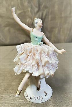 Antique German Porcelain Ballerina Figurine Peach Lace Green Dress Hand Painted