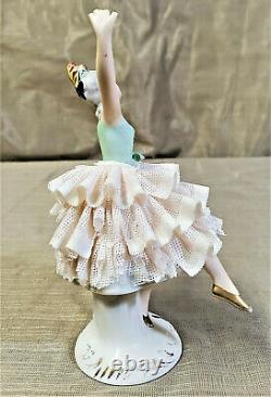 Antique German Porcelain Ballerina Figurine Peach Lace Green Dress Hand Painted