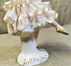 Antique German Porcelain Ballerina Figurine Peach Lace Green Dress Hand Painted