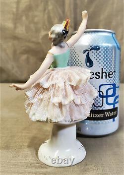 Antique German Porcelain Ballerina Figurine Peach Lace Green Dress Hand Painted