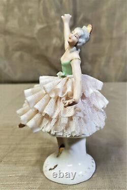 Antique German Porcelain Ballerina Figurine Peach Lace Green Dress Hand Painted