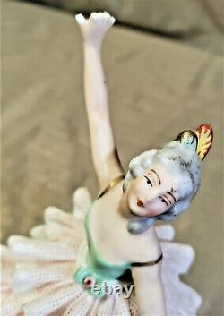 Antique German Porcelain Ballerina Figurine Peach Lace Green Dress Hand Painted