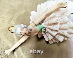 Antique German Porcelain Ballerina Figurine Peach Lace Green Dress Hand Painted