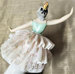 Antique German Porcelain Ballerina Figurine Peach Lace Green Dress Hand Painted