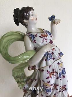 Antique German Sitzendorf Art Deco Hand Painted Lady Maiden w Drapes & Violets