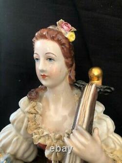 Antique German porcelain Large lady with Banjo. Marked Bottom. Meissen style