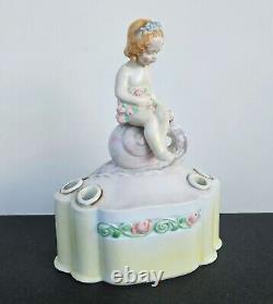 Antique Germany Porcelain Art Deco Flower Frog Vase Girl on Snail 1935 Signed