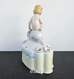 Antique Germany Porcelain Art Deco Flower Frog Vase Girl on Snail 1935 Signed