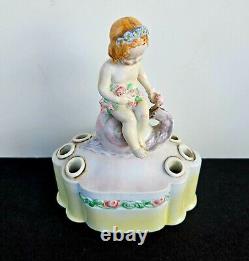 Antique Germany Porcelain Art Deco Flower Frog Vase Girl on Snail 1935 Signed