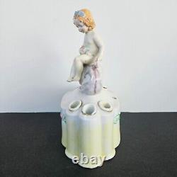 Antique Germany Porcelain Art Deco Flower Frog Vase Girl on Snail 1935 Signed